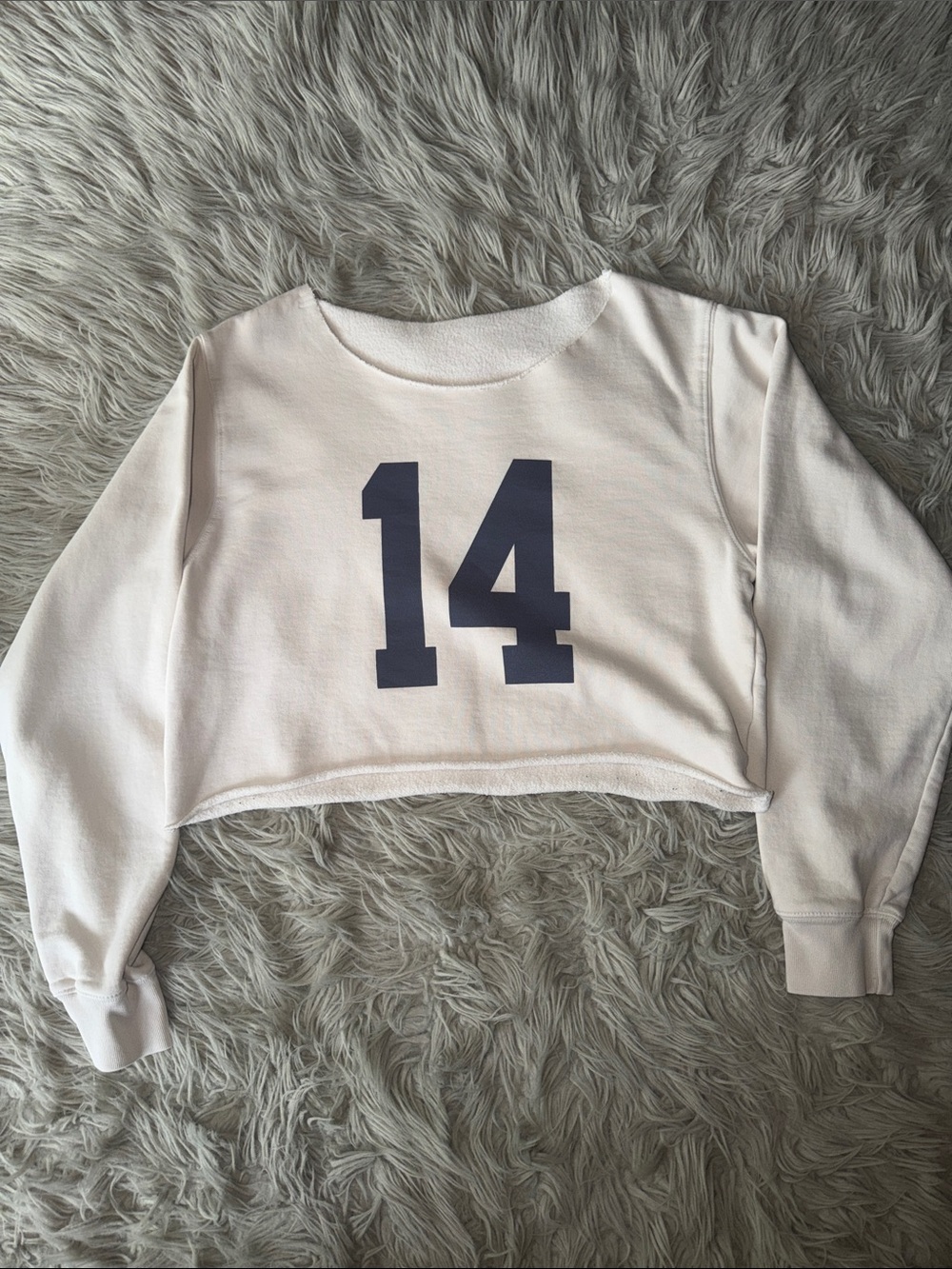 Brandy Melville White Cropped Sweatshirt with Navy '14' Graphic